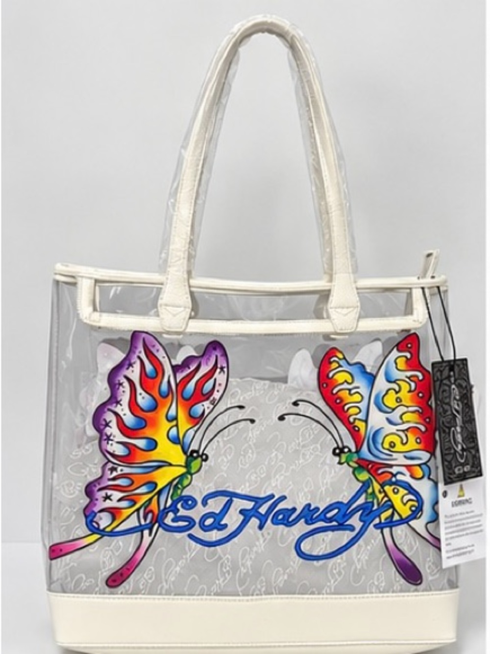 Ed Hardy Clear Tote Bag with Multicolor Butterfly Design and White Trim